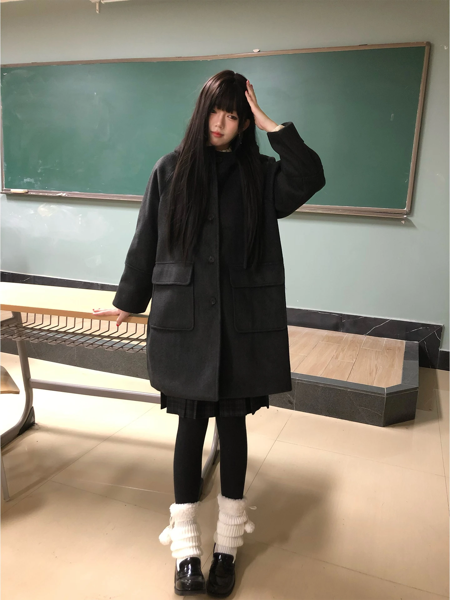 

Warm Woolen Coat for Women Tokyo Seasonal Record JK Autumn Winter Deep ey Medium Length Coat Sweet School Sle Coat