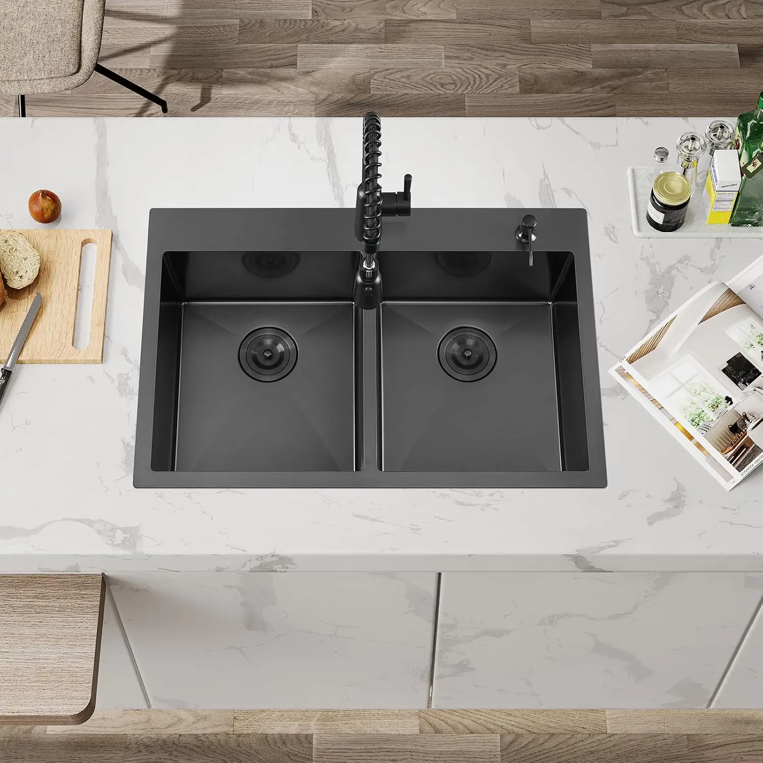 33 Inch Black Drop in Double Bowls Kitchen Sink
