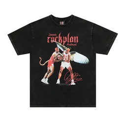 Rodman Devil Angel Print Retro Vintage Washed Distressed Quality Cotton Tops T-Shirt For Summer