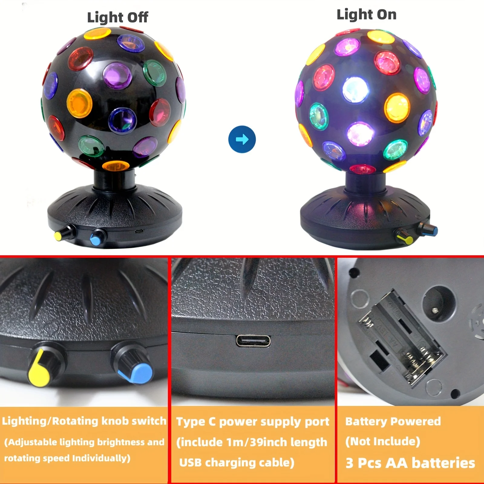 360° Rotary Speed/Brightness Adjustable Spinning Disco Ball LED Night Light, DJ Light Projector