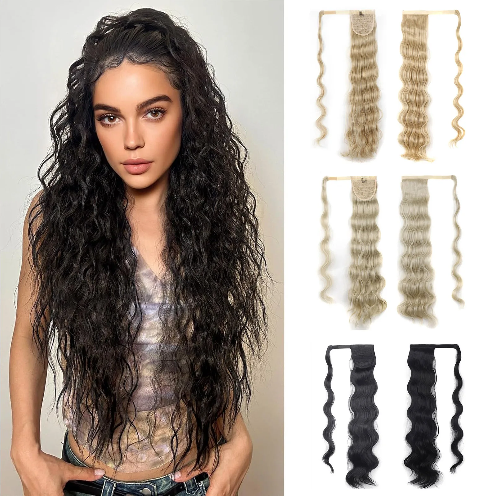 Jeedou Ponytails Long Body Wavy Hair Ponytail Extension Wrap Around Messy Bohemian Style Synthetic Hairpiece For Women Ladies
