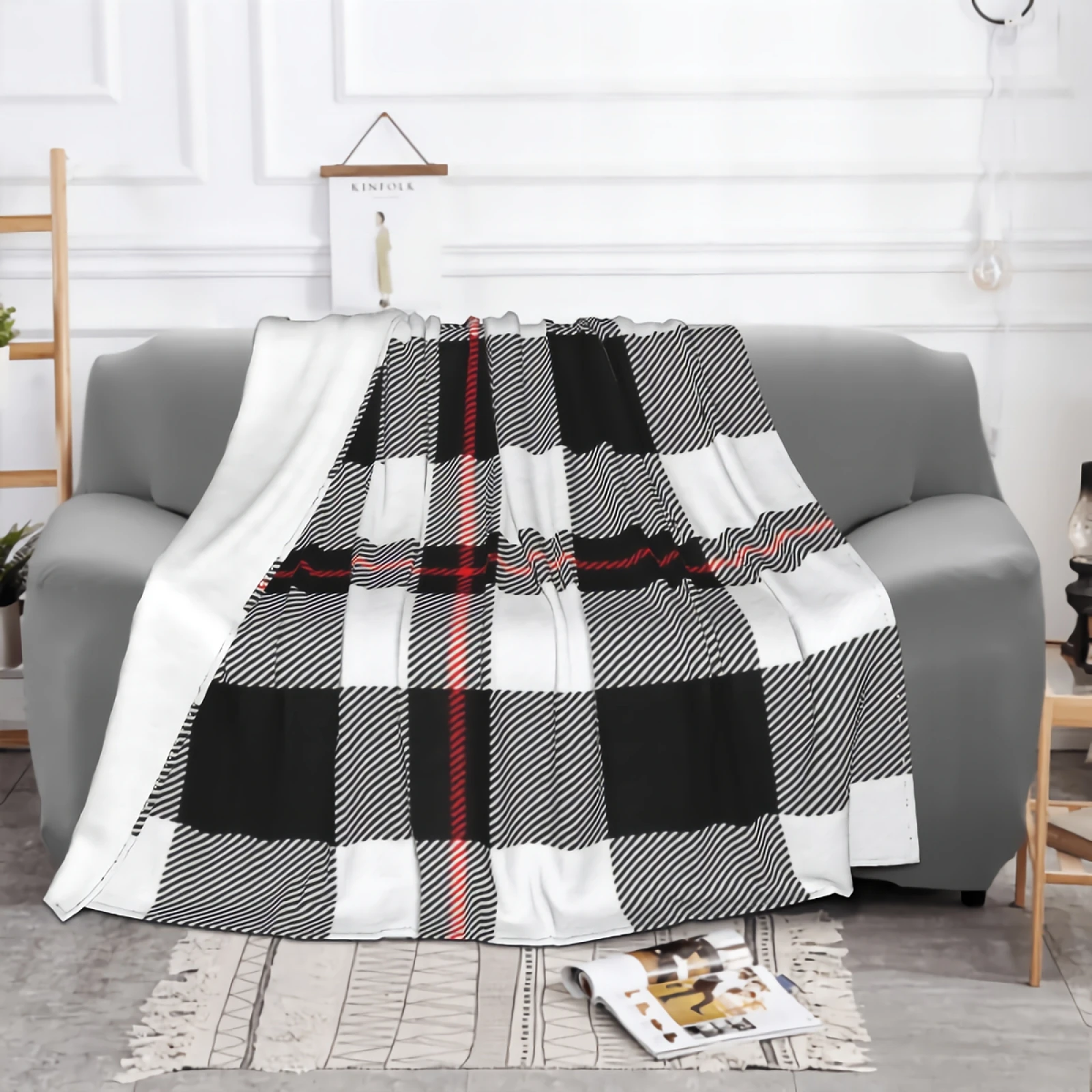 Tartan Plaid Blanket White And Black Scottish Cage Blanket Super Soft Cozy Plush Microfiber Fluffy Blanket Lightweight Warm