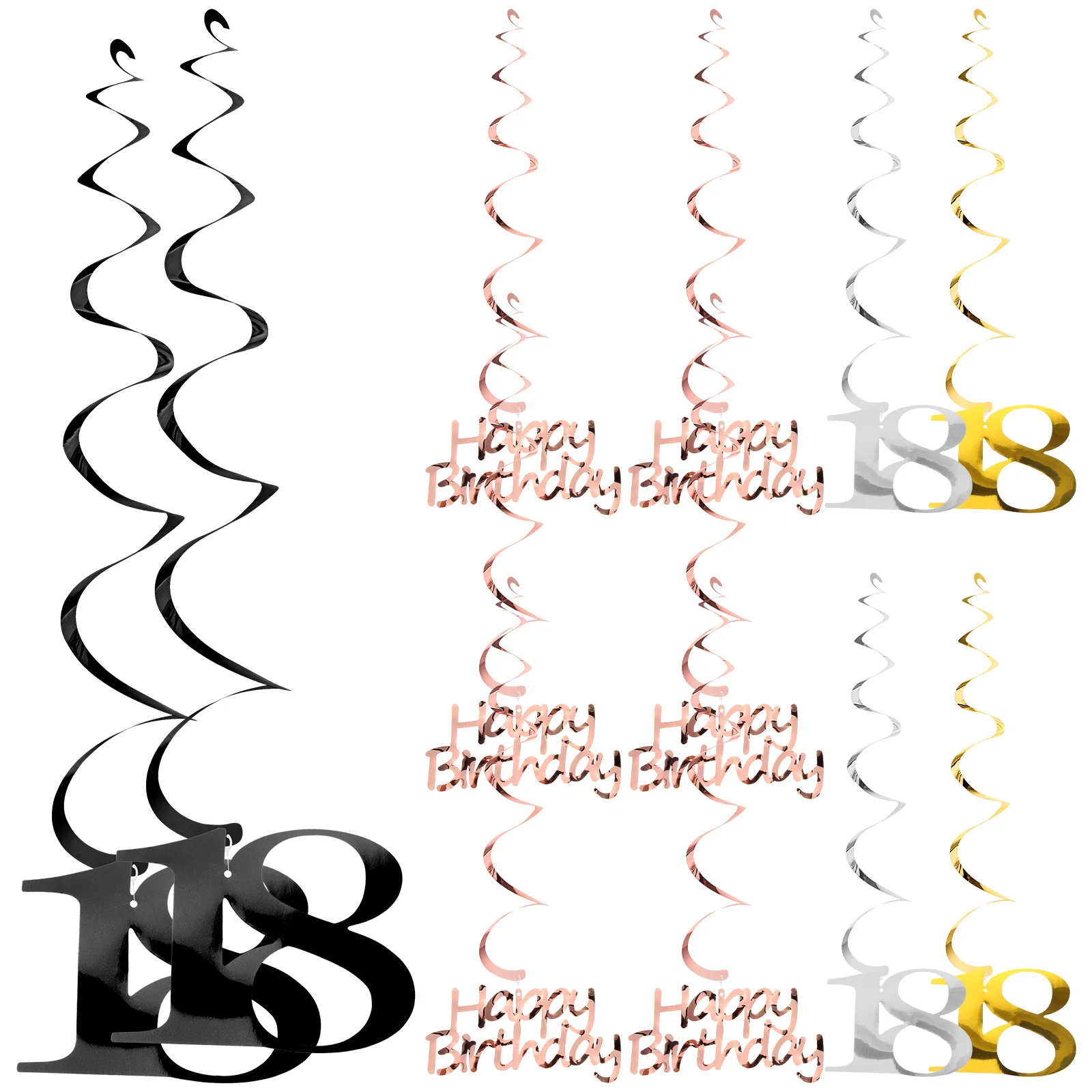 12 Pieces 18th Birthday Spiral Hanging Decor Gold Silver Black PVC Reusable Party Supplies Decorations Ceiling Happy
