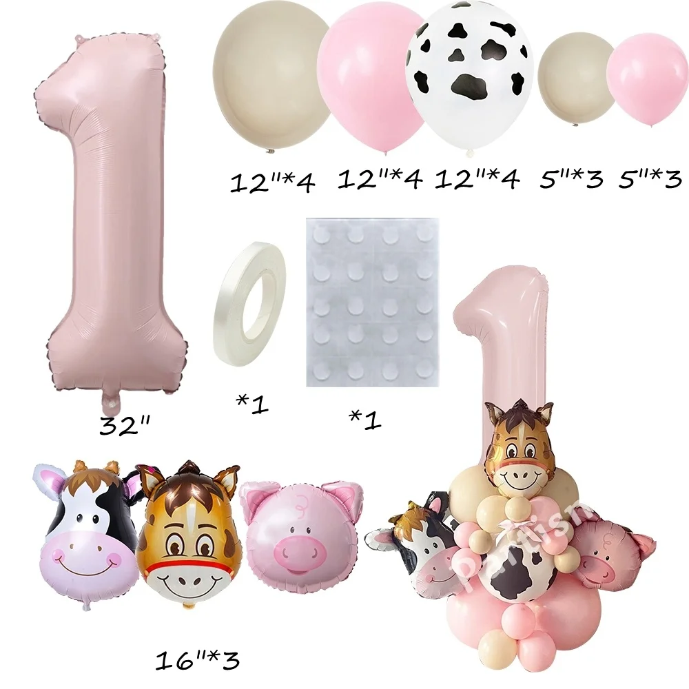 1set Carton Cow Pig Farm Animal Balloon Tower Pink Foil Number Balloons for Kids Farmland Birthday Party Decoration Supplies