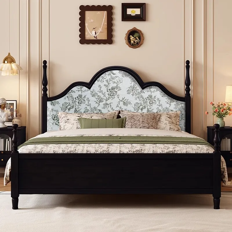 Mittelalterliches amerikanisches schwarzes Massivholzbett, 1,8 m Einzelbett, Doppelbett, weiche Tasche, hochwertiges französisches Retro-Hochzeitsbett mit Doppelaufbewahrung