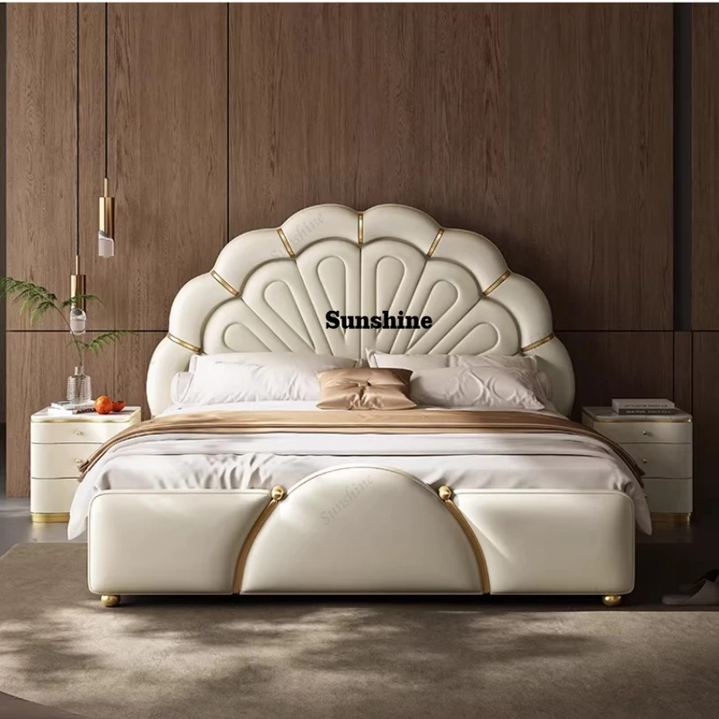 Italian light luxury first-layer cowhide leather, modern master bedroom double bed French wedding bed