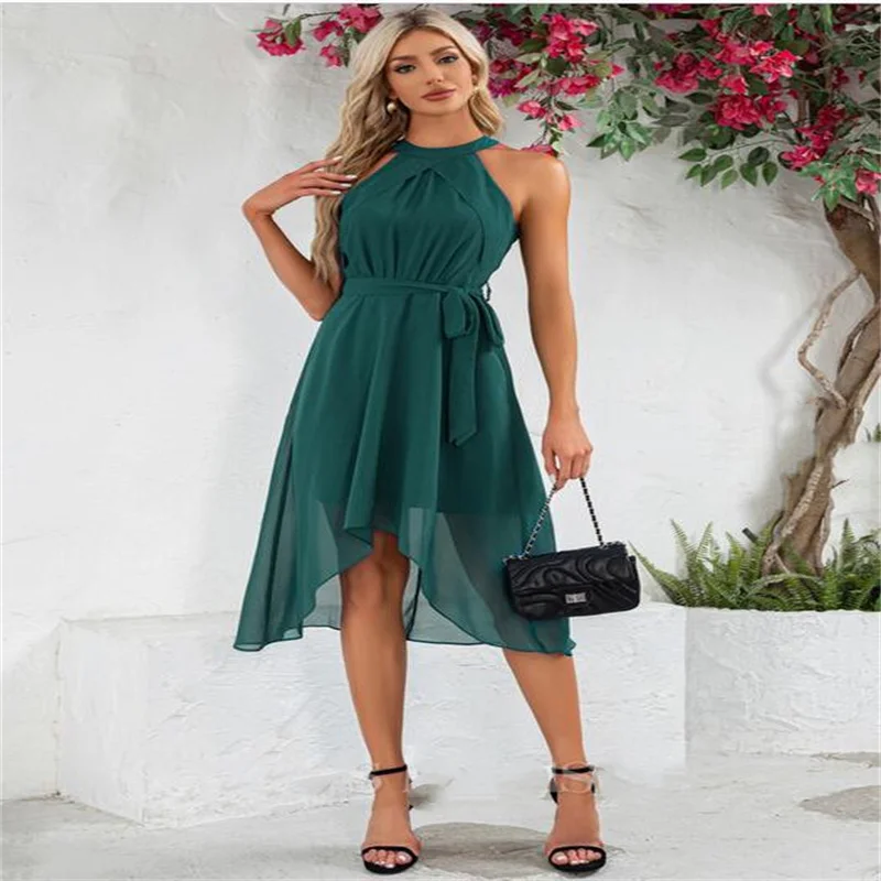 Halter Dark Green Dress Women Elegant Party 2024 Short Women Evening Dress Chiffon Dresses Knee Lenght Graduation Dresses ﻿