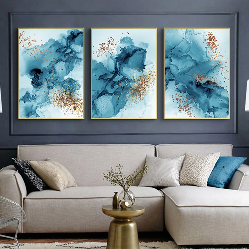 

3Pcs/Set Blue Abstract Canvas Print Poster Wall Art Modern Living Room Bedroom Office Kitchen Wall Home Decor Frameless