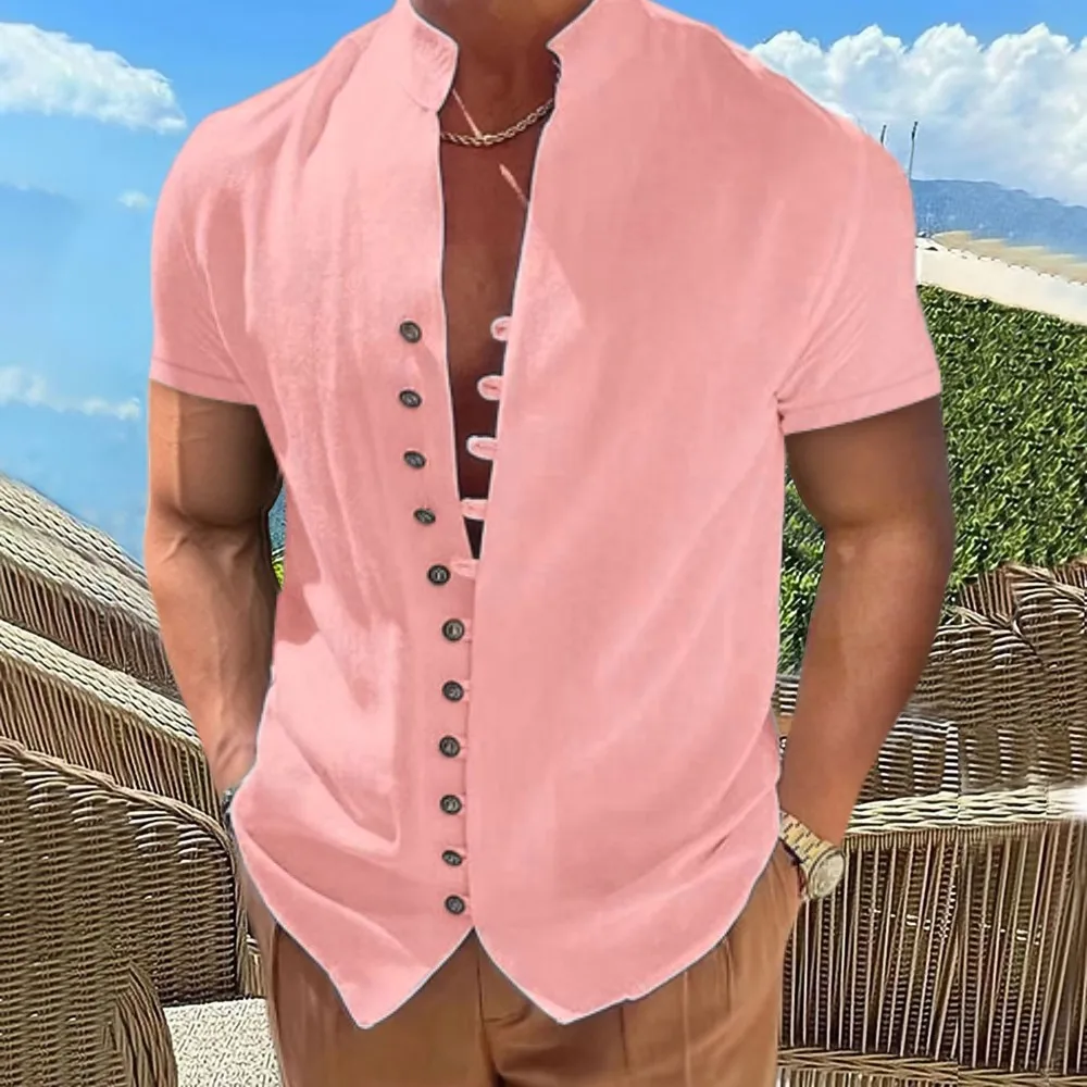 Camisa de manga corta para hombre, camiseta informal de lino y algodón, Color sólido, talla grande, verano, 100%