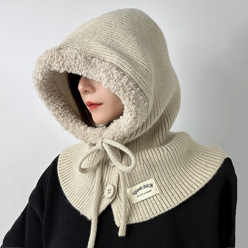 Japan Korea Style Fashion Good Knit Neckerchief Hat Thick Women Winter Scarf Hood Cycling Travel Cold-Proof Cap Shawl Two-in-One