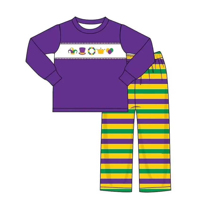 

Toddler New Mardi Gras Baby Boy Clothes Purple Round Neck Top Colorful Striped Pants Fashion Festival Suit Wholesale