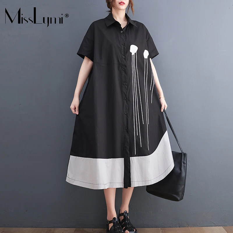 

MissLymi Large Size 2022 Summer New Fashion Casual Loose Single Breasted Short Sleeve Cotton Patchwork Print Shirt Dress Female
