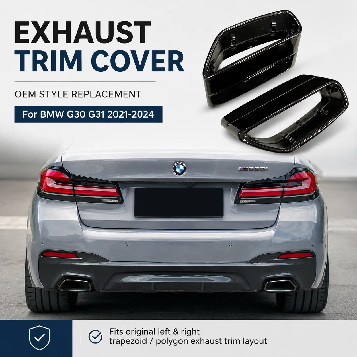 1 Pair Exhaust Muffler Cover Trim For BMW 5 Series G30 G31 530i 2021-2024 ONLY Fits Original Square Exhaust Tailpipe Finisher
