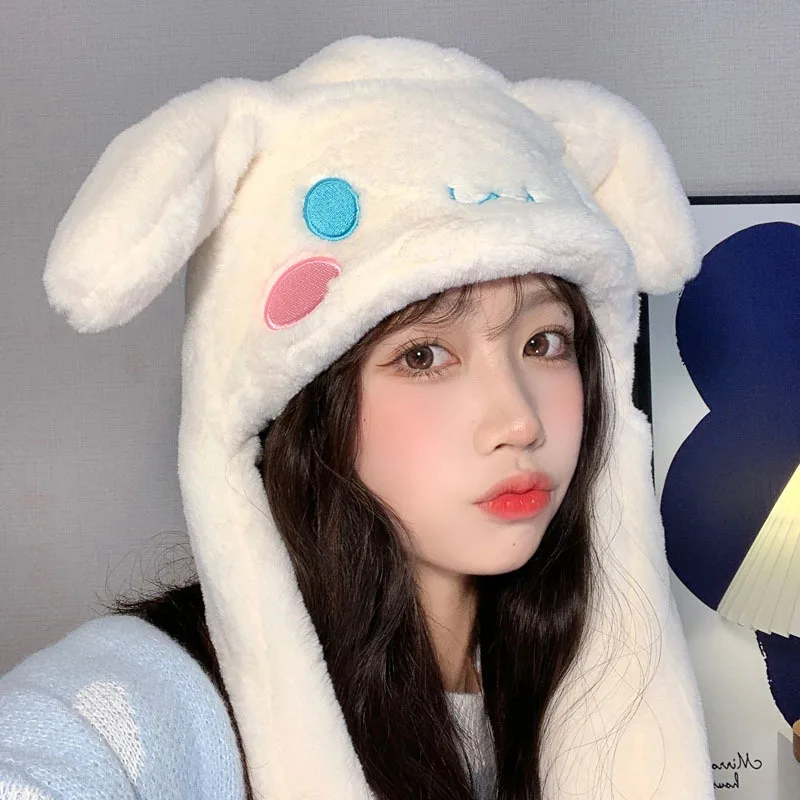 MINISO Kawaii Sanrio Cartoon Cinnamoroll Plush Winter Thickening Warm hat Sweet Cute Movable Ear Cap Girl Birthday Gift