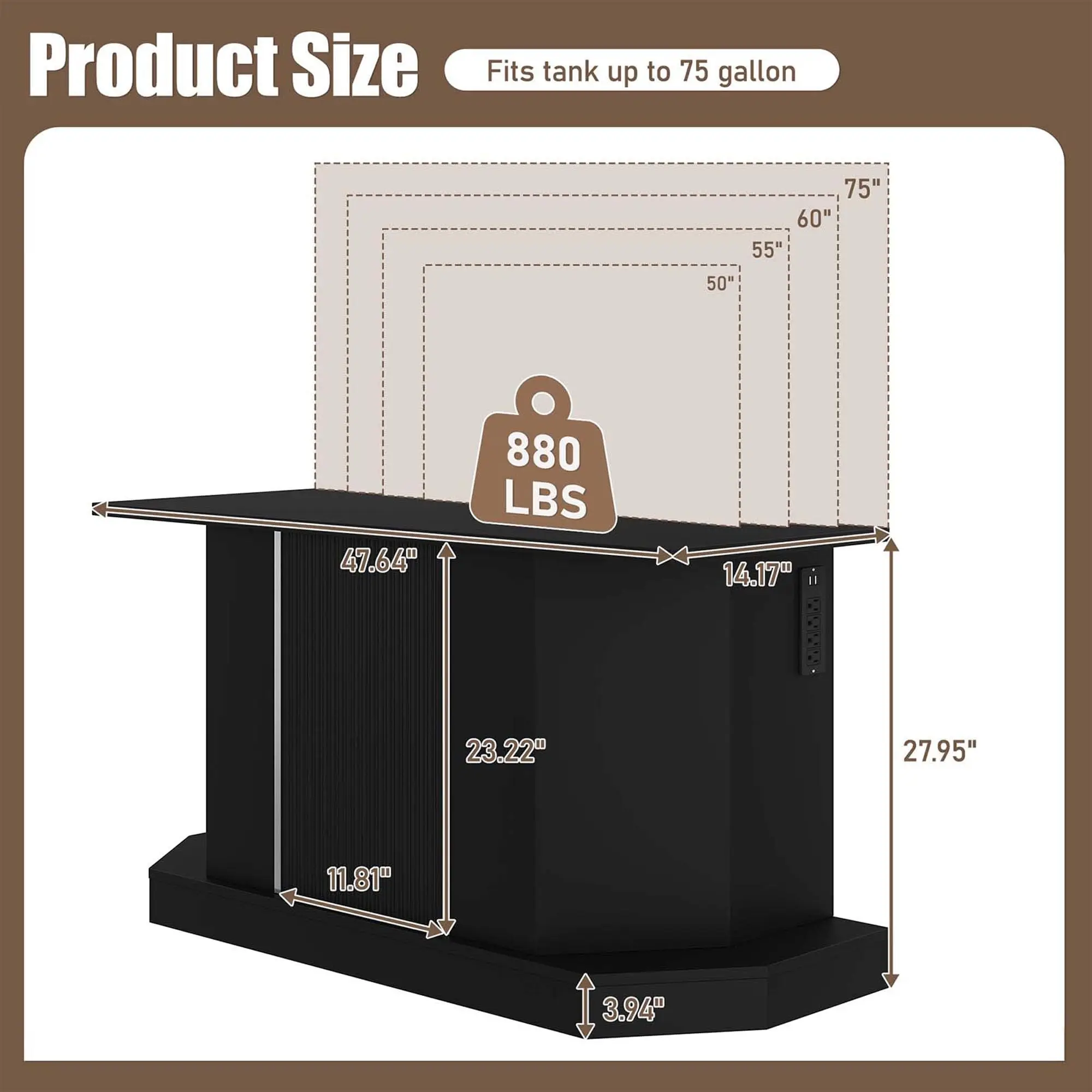 55-75 Gallon Fish Tank Stand with Charging Station (Black, 55-75)