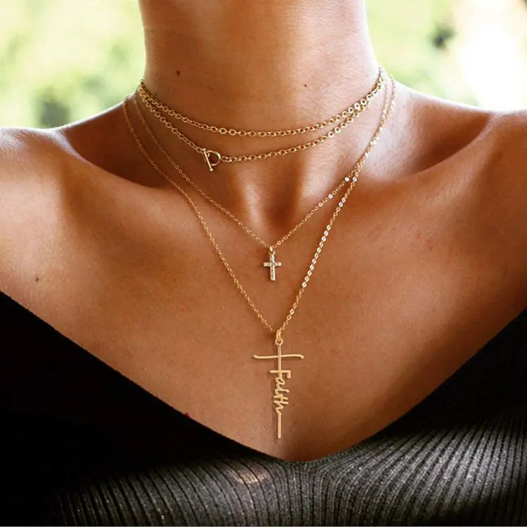 Gold Plated Cross Pendant Necklace Creative Inspirational Letter Hope Believe Grateful Charms Cross Necklaces for Women Men