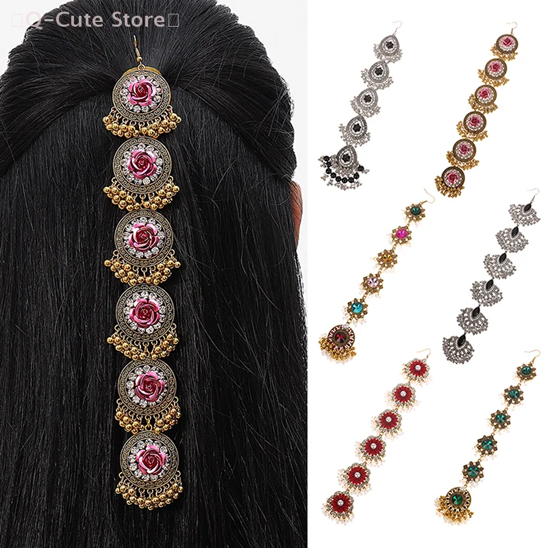 

Vintage Hollow Hair Accessories For Women Crystal Stone Simulated Pearl Beads Tassel Head Chain Ethnic Style Gift