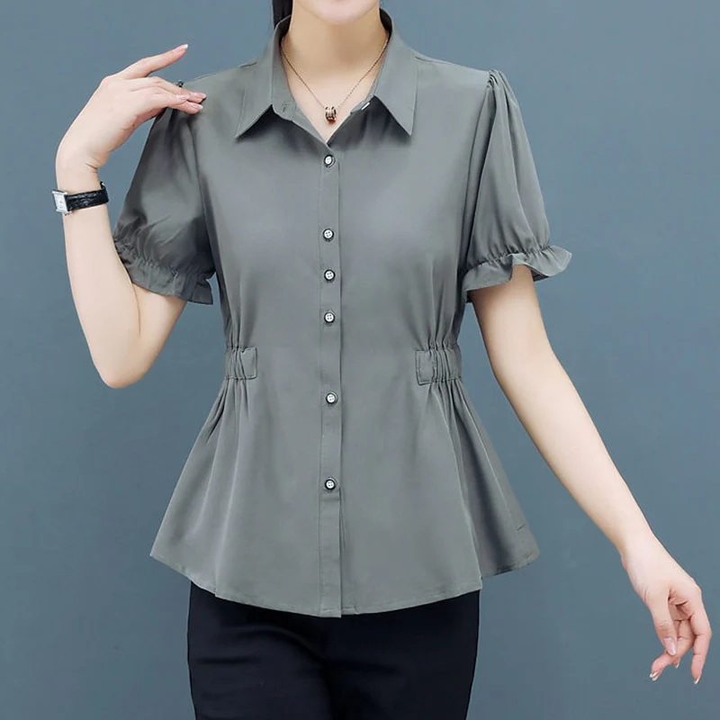 Office Lady Solid Folds Button Chiffon Shirt Summer 2023 Polo-Neck Short Flare Sleeve Slim Tunic All-match Tops Women\'s Clothing