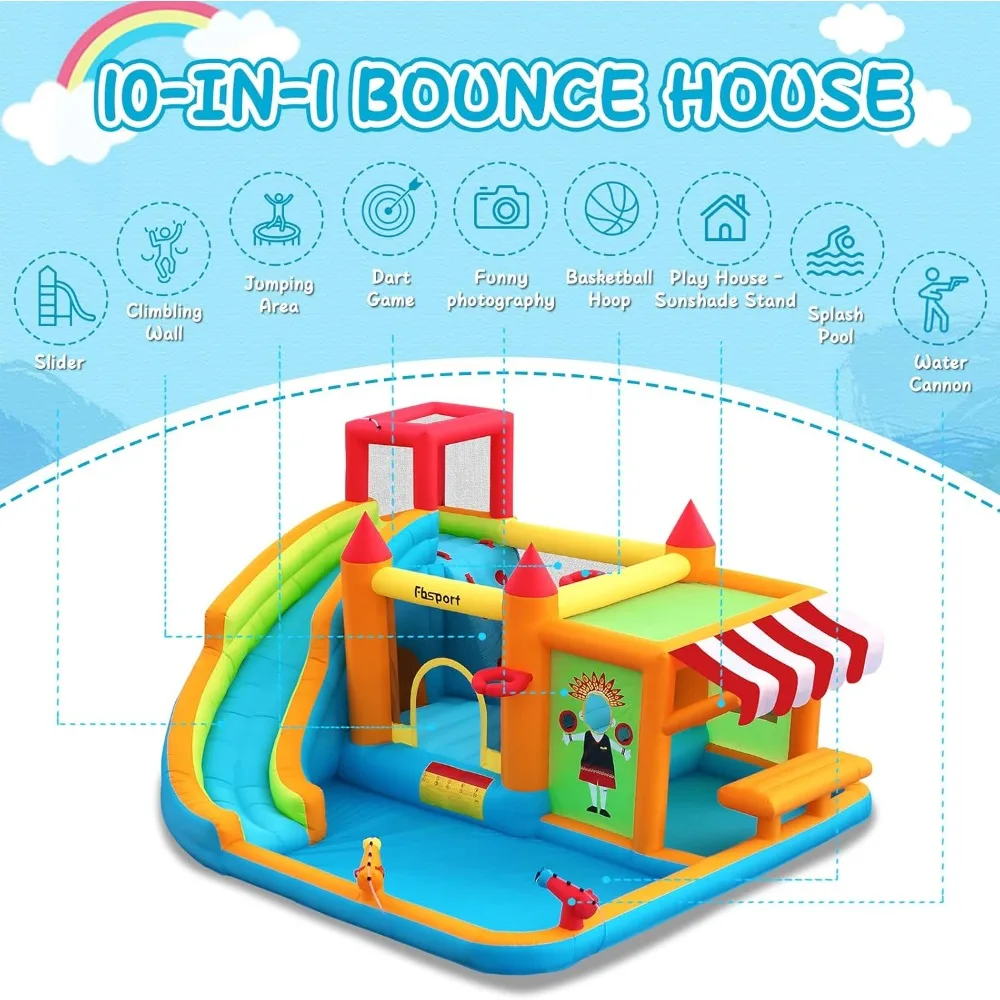 Bounce inflável para crianças, corrediça aquática, casa de salto com carrinho do mercado de brinquedos, bouncer piscina Splash, pistola de água parede escalada