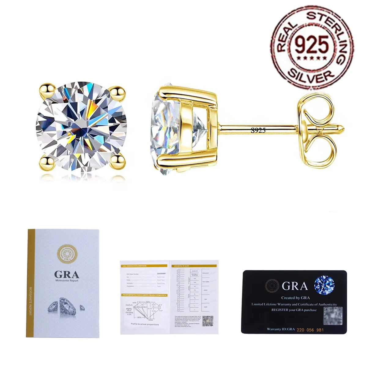 CWWZircons Vergoldete 925 Sterling Silber D-Farbe VVS1 Runde Moissanit Ohrstecker 3-8MM Hypoallergener Schmuck Party ME011 – Detail 1