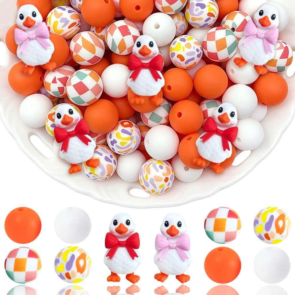 32Pcs Bowknot Duck Silicone Beads Set DIY Beaded Necklace Bracelet Decoration Pen Jewelry Pendant Etc. Holiday Birthday Gift
