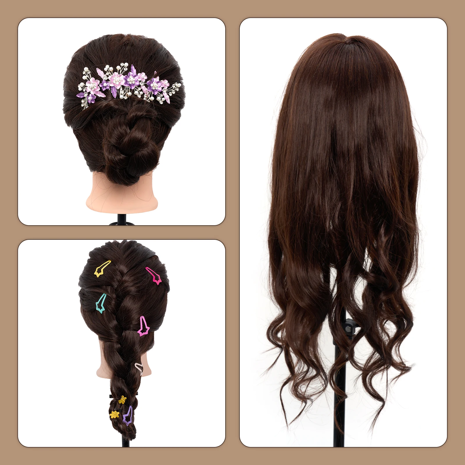 NEVERLAND Makeup Training Head with 60% Real Human Hair 26-28 Inch Braiding Hairdresser Doll Head Hair Styling Training Head Kit