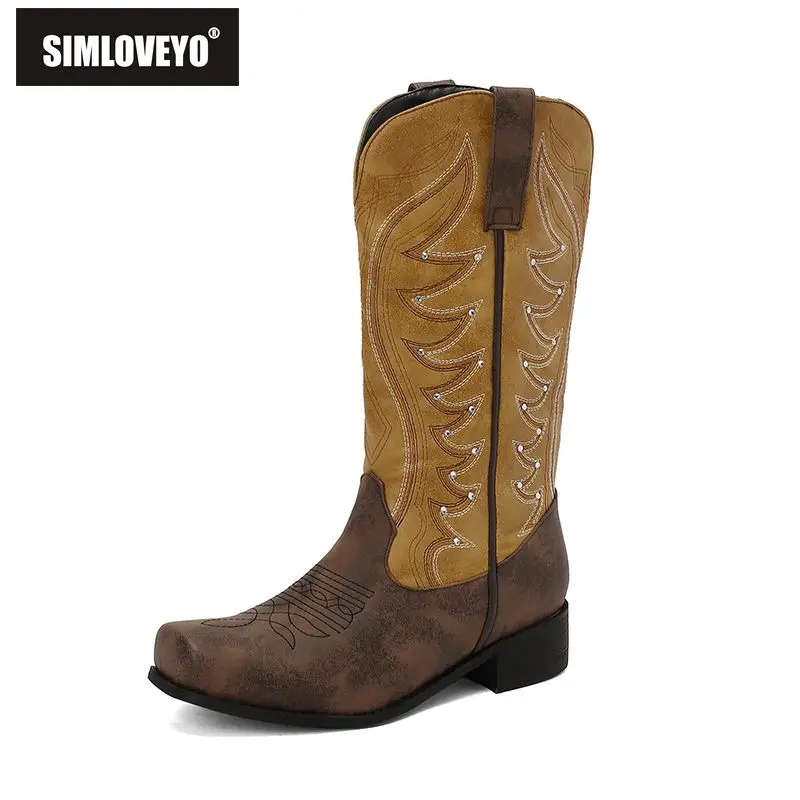 SIMLOVEYO Cowboy Women Boots Toe Slip On Flock Mixed Color Size 48 49 50 Daily Mid Calf Booties