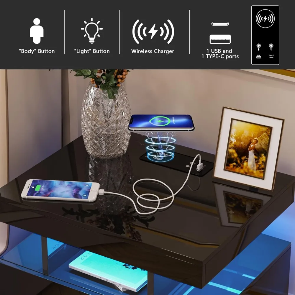 LED Nightstand, RGB Black Night Stand with USB/Wireless Charging Station, Modern Bedside Table has Auto Sensor RGB Lights