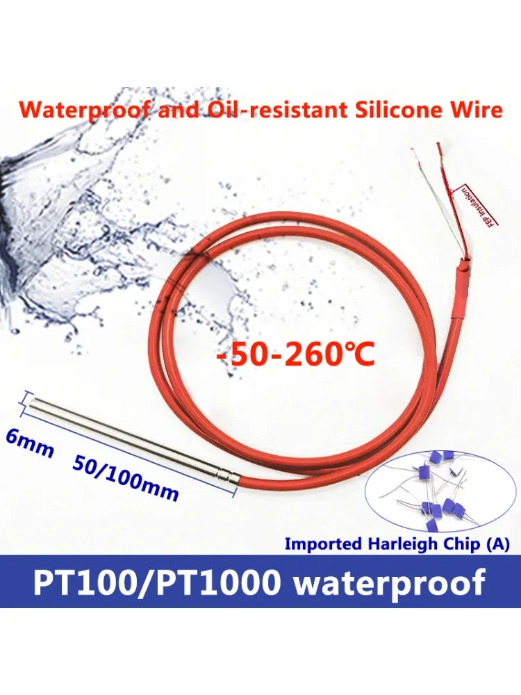 Thermocouple de capteur de température PT100/PT1000 étanche-50-260 ° Câble en silicone résistant à la chaleur de fil 2 1M de sonde d'acier inoxydable de C