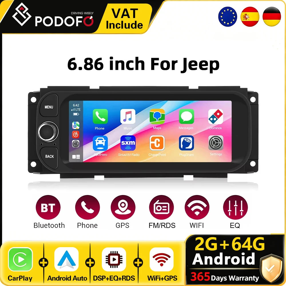 Podofo CarPlay Android Radio für Jeep Chrysler 300M Dodge 2002-2005 Auto-Multimedia-Player 2din GPS Stereo RDS Intelligentes System