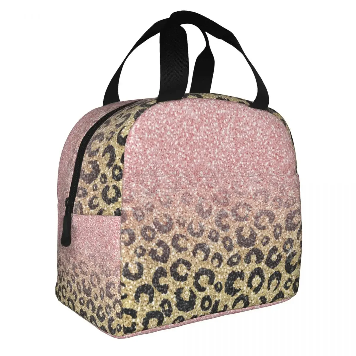 Rose Gold Glitter Black Leopard Lunch Bag Portable Insulated Oxford Cooler Bags Thermal Picnic Work Tote for Women Kids