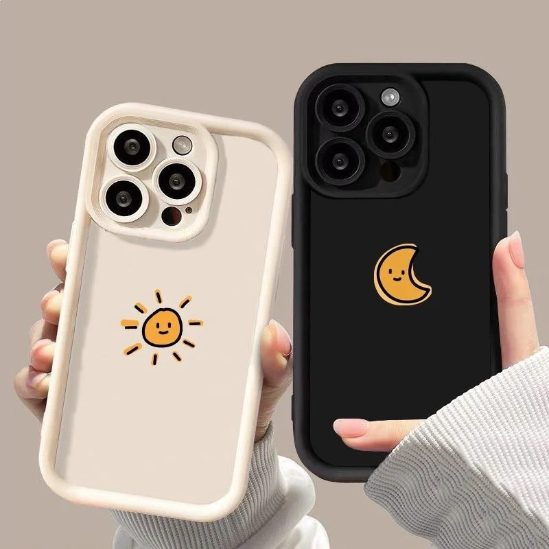 Phone Case For iPhone 16 14 13 12 11 15 Pro Max Plus Mini XR X XS Max 7 8 Plus SE2022 Minimalist Cartoon Sun Moon Soft TPU Cover