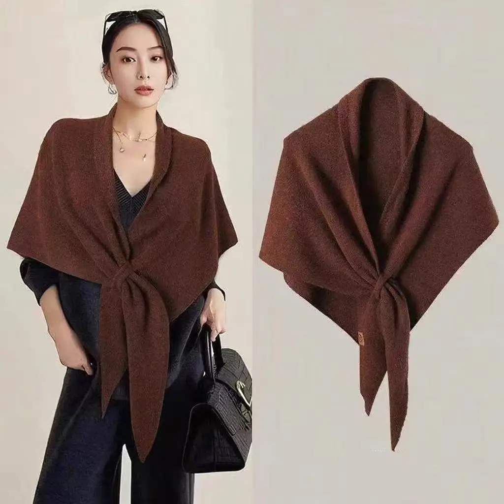 Women Retro American Style Knit Triangle Scarf, Solid Color Wool Blend Shawl, Simple Versatile Neck Warmer for Autumn Winter