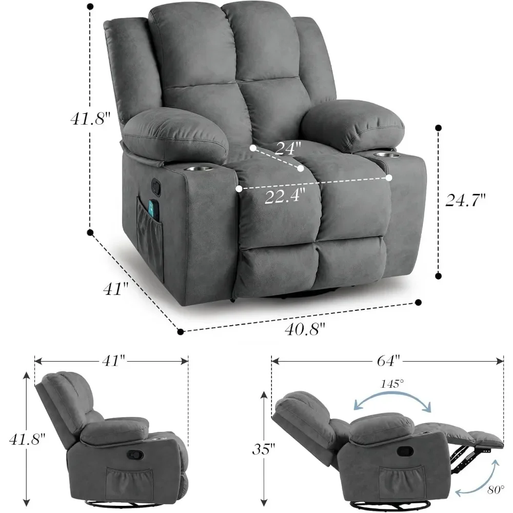 Oversized Swivel Rocking Recliner Chairs for Adults, Lazy Boy Reclining Glider with Cup Holder and Massage