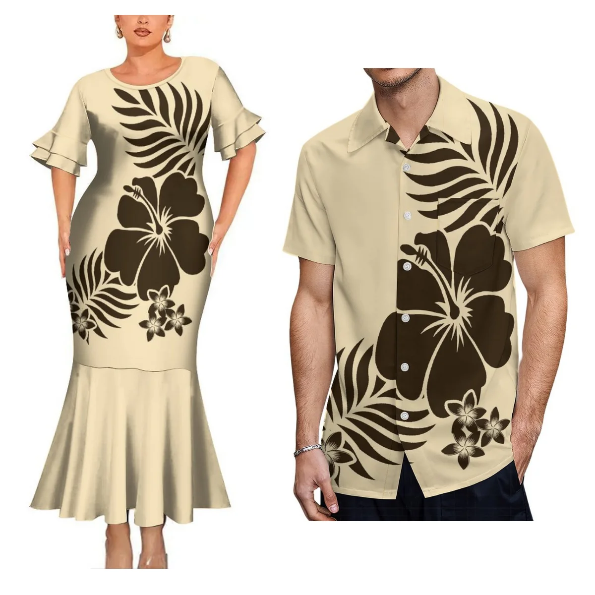 

2024 Summer Polynesian Women'S Crew Neck Dress Cocktail Dress Elegant Mermaid Dress Matching Men'S Shirt Samoan Couple Suit