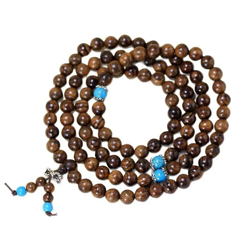 Wood 108 Mala Rosary Bracelet Turquoise 8mm Prayer Beads Bracelet