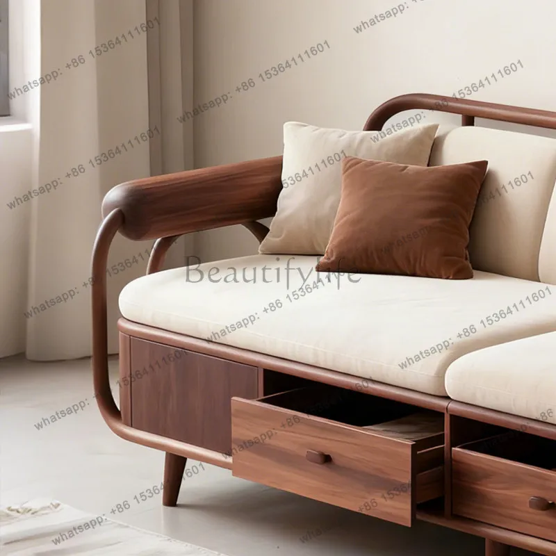 New Chinese-style solid wood sofa, black walnut wabi, high-end fabric, straight row of three people