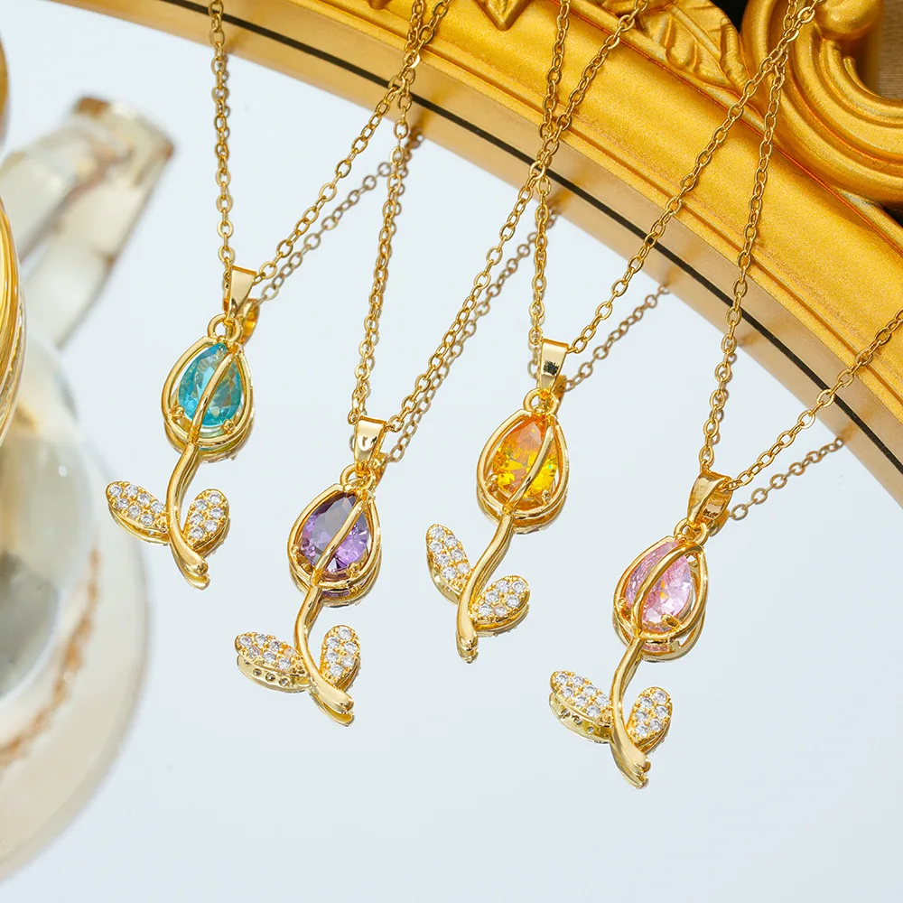 Colorful Zircon Tulip Flower Pendant Necklaces for Women Girls Stainless Steel Chain Trendy Sweet Jewelry Accessories Gifts