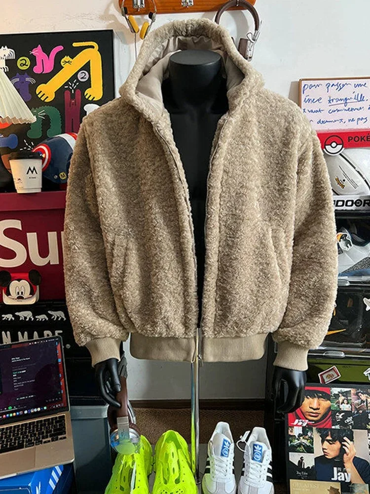 

American Retro Lamb Velvet Hooded Open Cardigan Sweatirt Thiened Casual All-Match Lazy Outerwear for Men And Women