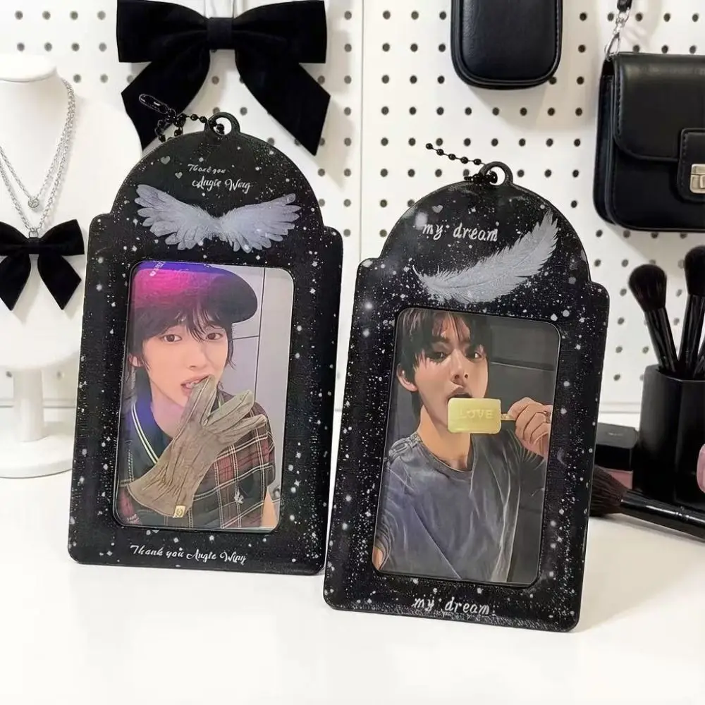 

New Black 3-inch Photocard Holder Feather Design Glitter Starry Card Cover with Keyring Card Sleeve Fans