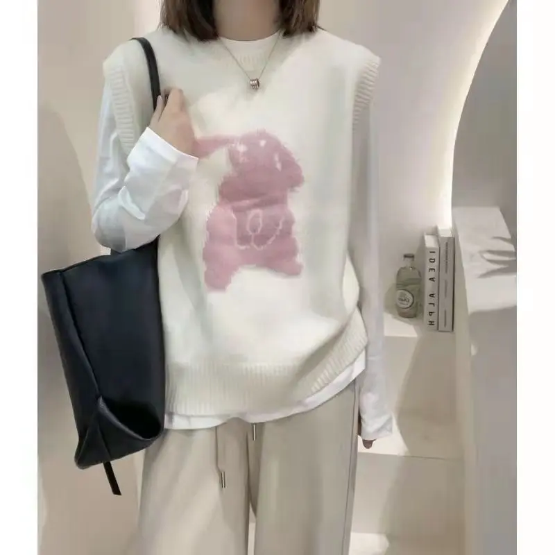 New Year Cartoon Rabbit Sleeveless Knitted Vest Women's Winter Style Pullover Sleeveless Sweater  Tank Top  knit vest