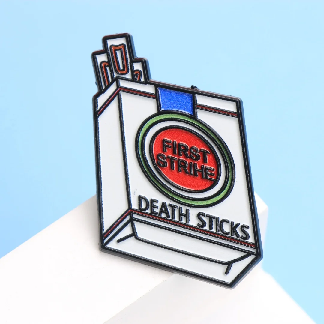FIRST STRIKE DEATH STICKS Enamel Pin - Cartoon Punk Cigarette Pack Lapel Badge for Backpack DIY Gift