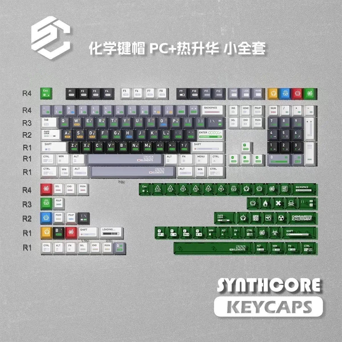 Creative Chemical Elements Keycaps 130 Keys PBT Top PC Bottom Transparent Cherry Profile Keycaps for Mechanical Gaming Keyboard