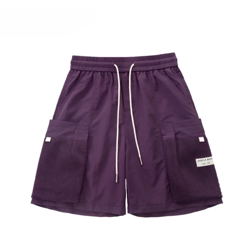 Mit Taschen, locker, weit, Baggy, solide, elastische Taille, Herren-Cargo-Shorts, Kordelzug, kurze Hosen für Herren, Kleidung, Distressed-Designer