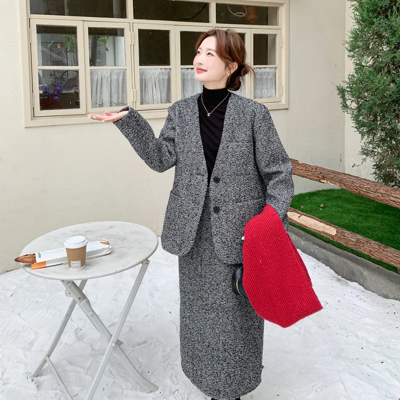 Модный шерстяной пуховик с v-образным вырезом, куртка, повседневная полуюбка, женская зима 202, новый элегантный комплект из двух предметов для поездок на работу