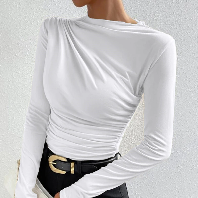 Pleating Design Long SleeveTWomen\'s Solid Color Slim Bottoming Shirt All-Matching round Neck T-shirt