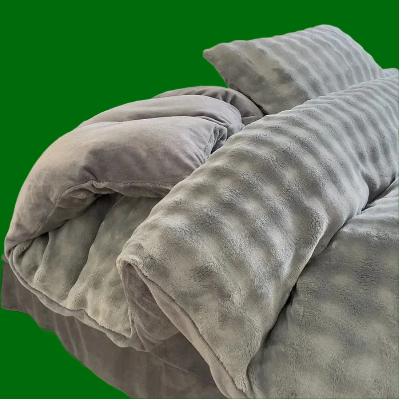 2025 new solid color tie-dye bubble rabbit fleece four-piece milk fleece quilt cover winter thickened coral fleece bedding