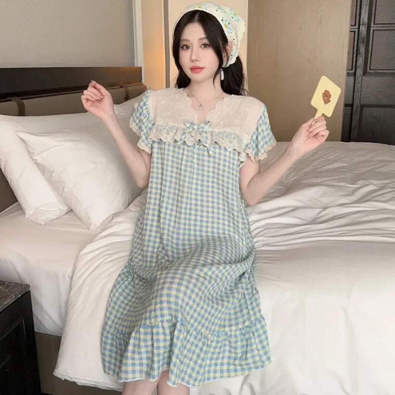 110kg Oversized Summer Short Sleeve Nightdress Women Floral Grid Print Nightgown Japanese Korean Style Thin Pajamas Loungewear