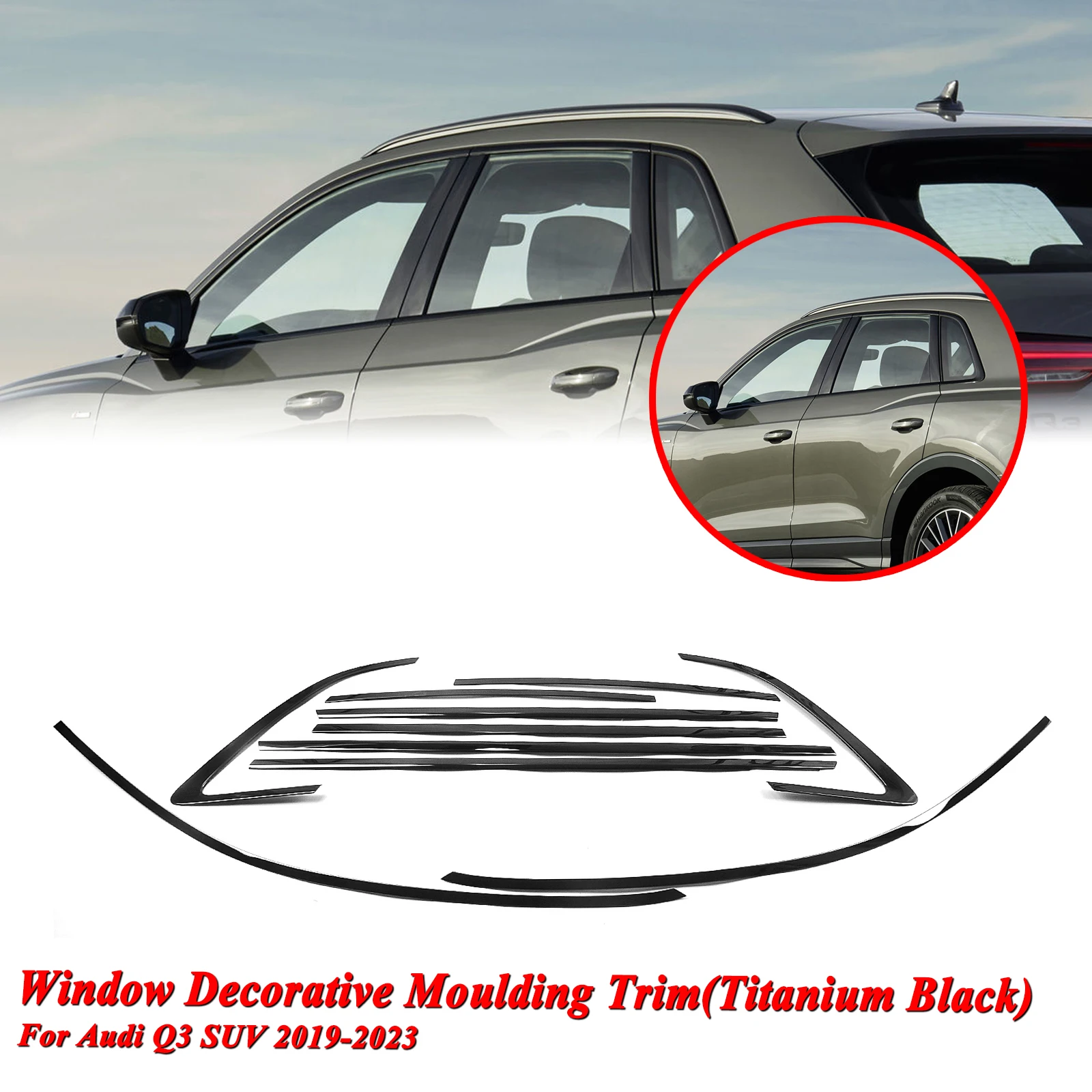 

For AUDI Q3 SUV 2019-2023 Exterior Window Trim Strip Cover Glossy Black Door Seal Shade Moulding Decorative