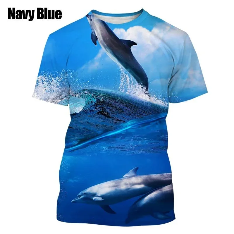 Summer  Funny Dolphin 3D Printing Short-sleeved Hip-hop Dolphin Casual Round Neck T-shirt Personality Harajuku Style Shirt